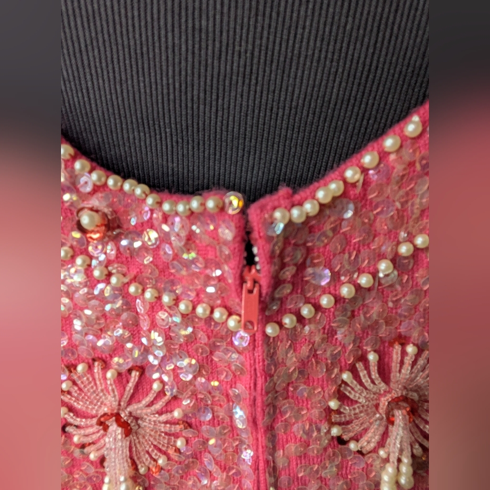 Women's Vtg Pink Lined 100% Lambswool Beaded Sequin Formal Sleeveless Tank Sz L - Picture 5 of 5